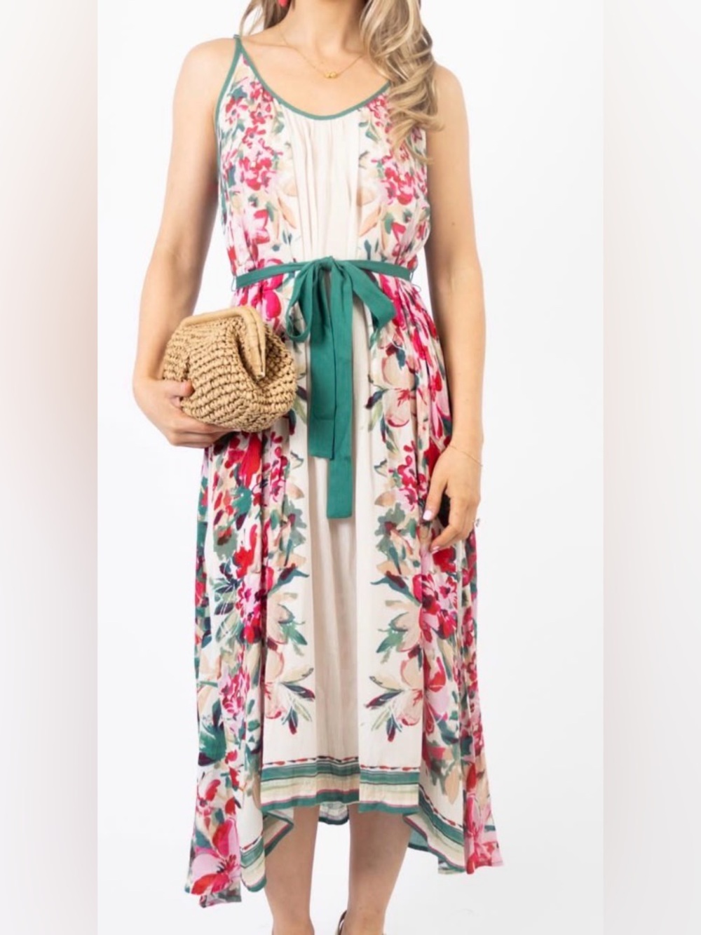 Muse Cream Flowing Maxi Dress Teal Trim and Pink Floral Print size M/L petite